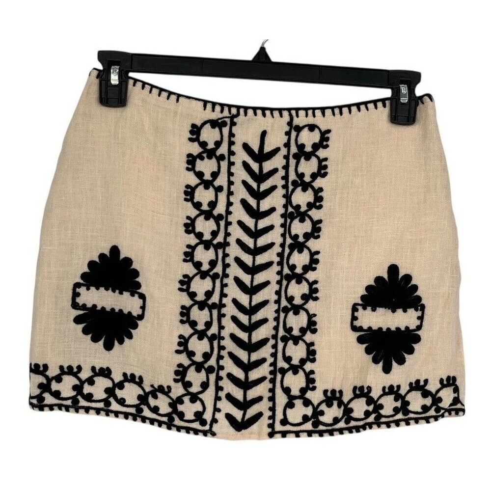 RAGA Skirt Women's Size Medium R1262 Khaki Linen Black Embroidered Boho Mini